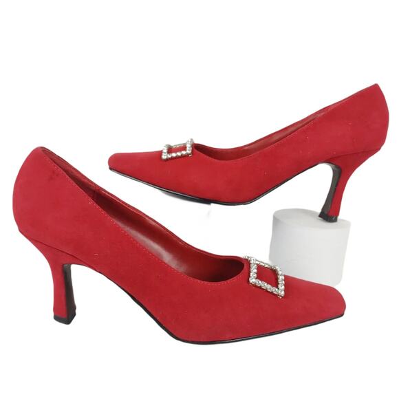 COUP D'ETAT Women's 8 Red Suede Leather 3" Heels, Rhinestone Pointed Square Toe - Picture 9 of 9